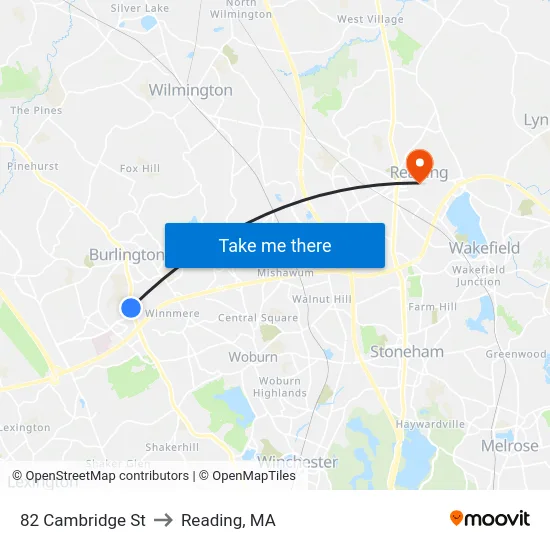 82 Cambridge St to Reading, MA map