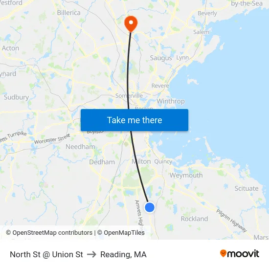 North St @ Union St to Reading, MA map