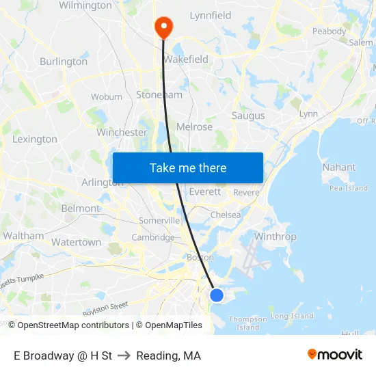 E Broadway @ H St to Reading, MA map