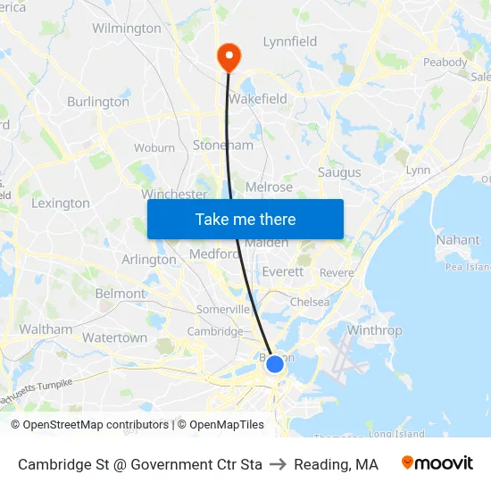Cambridge St @ Government Ctr Sta to Reading, MA map