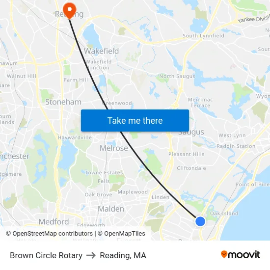 Brown Circle Rotary to Reading, MA map
