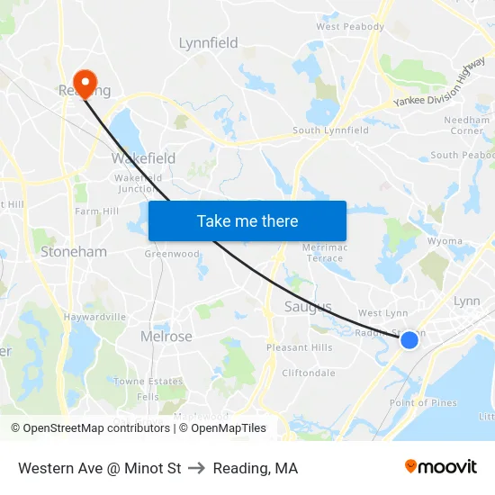 Western Ave @ Minot St to Reading, MA map