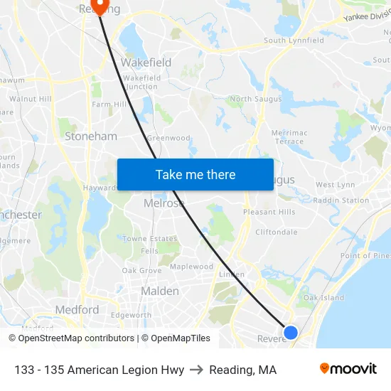 133 - 135 American Legion Hwy to Reading, MA map