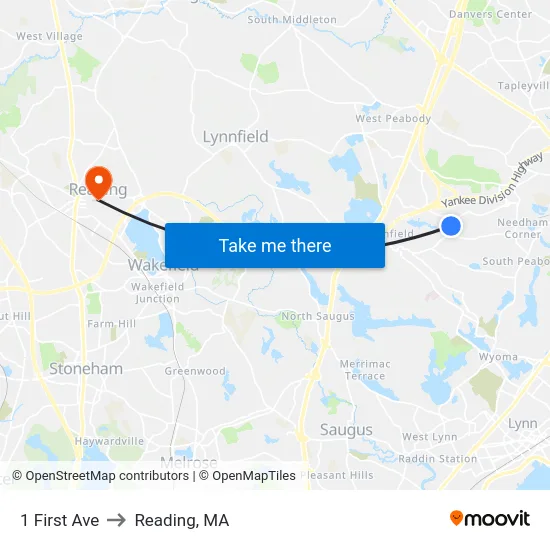1 First Ave to Reading, MA map