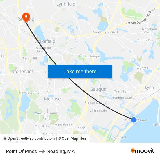 Point Of Pines to Reading, MA map