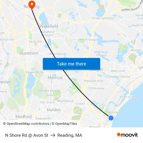 N Shore Rd @ Avon St to Reading, MA map