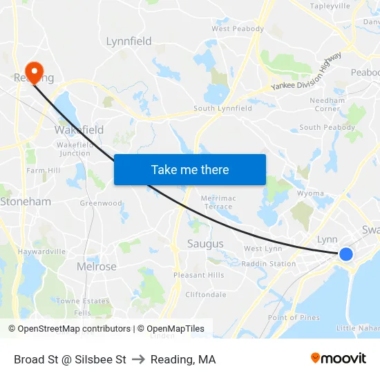 Broad St @ Silsbee St to Reading, MA map