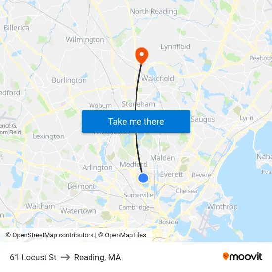 61 Locust St to Reading, MA map
