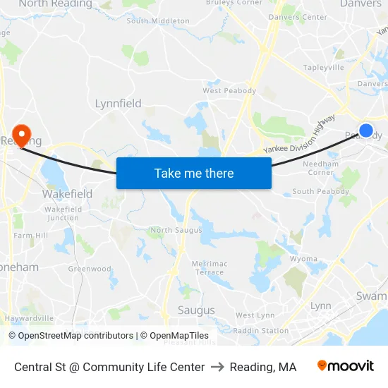 Central St @ Community Life Center to Reading, MA map