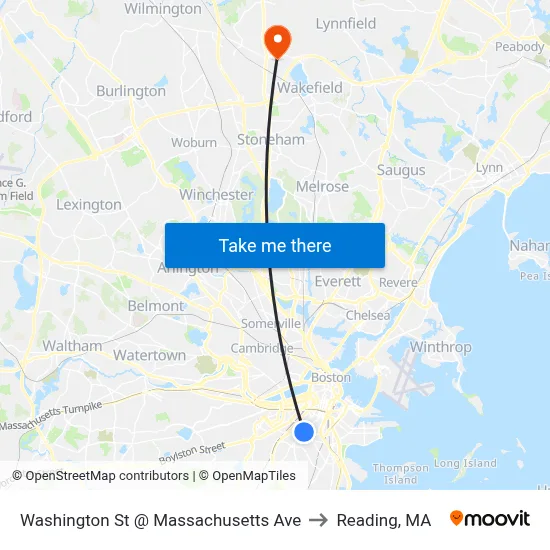Washington St @ Massachusetts Ave to Reading, MA map
