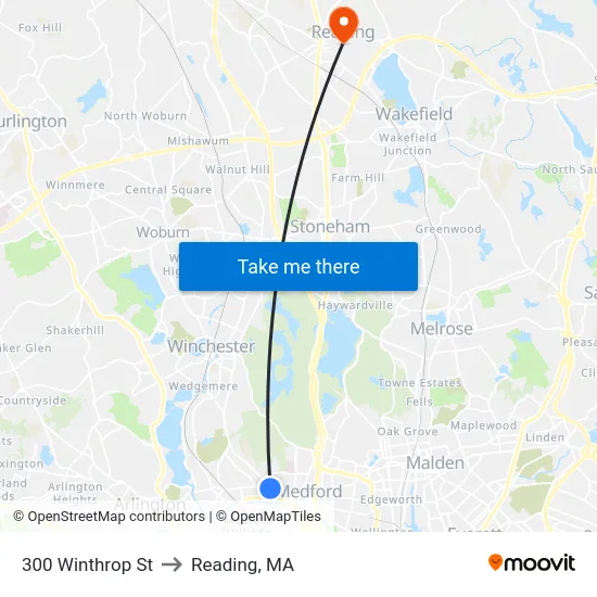 300 Winthrop St to Reading, MA map