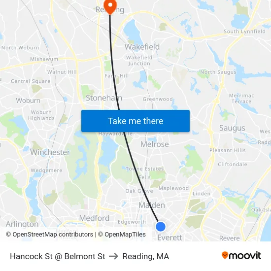Hancock St @ Belmont St to Reading, MA map