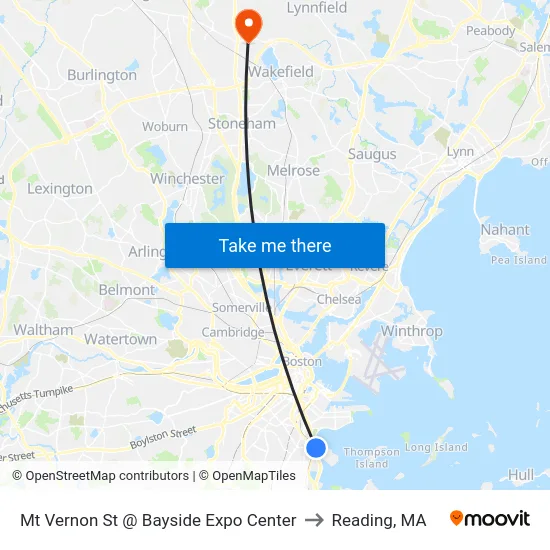 Mt Vernon St @ Bayside Expo Center to Reading, MA map