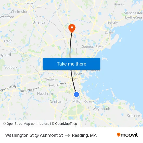 Washington St @ Ashmont St to Reading, MA map