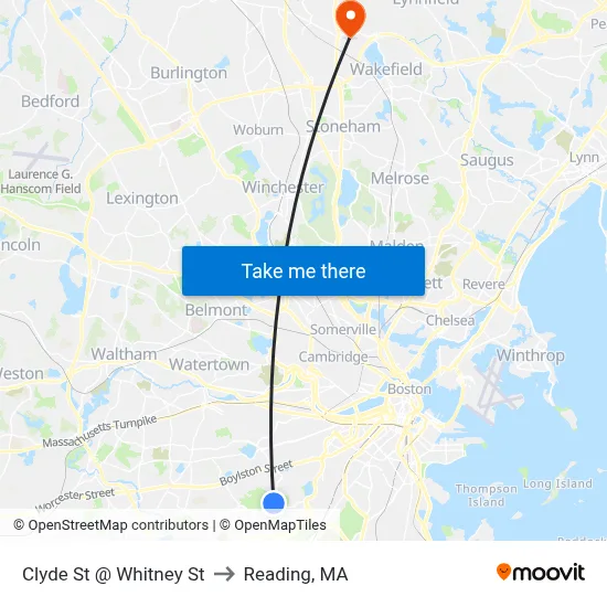Clyde St @ Whitney St to Reading, MA map