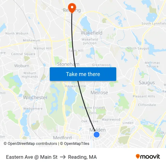 Eastern Ave @ Main St to Reading, MA map