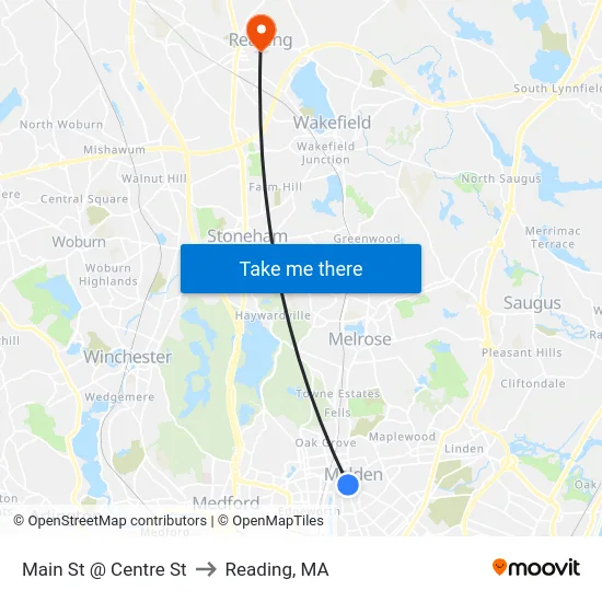 Main St @ Centre St to Reading, MA map
