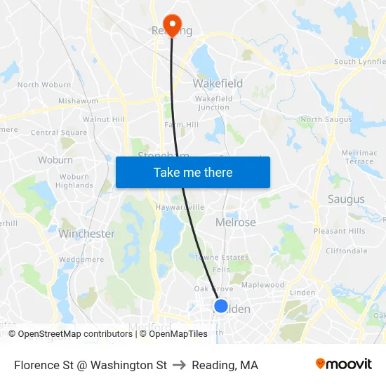 Florence St @ Washington St to Reading, MA map