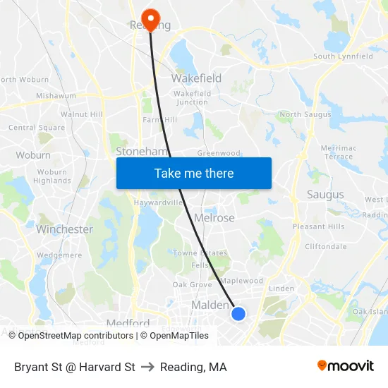 Bryant St @ Harvard St to Reading, MA map