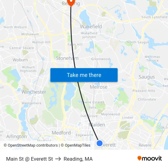 Main St @ Everett St to Reading, MA map
