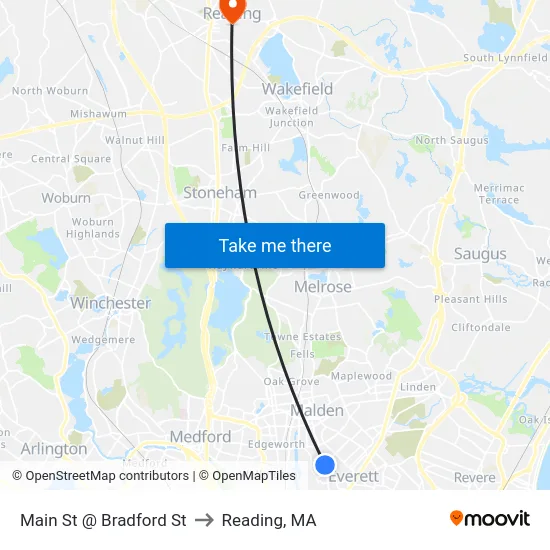 Main St @ Bradford St to Reading, MA map