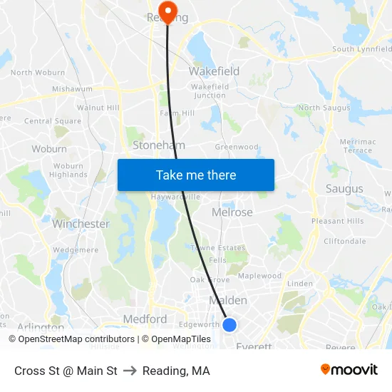 Cross St @ Main St to Reading, MA map