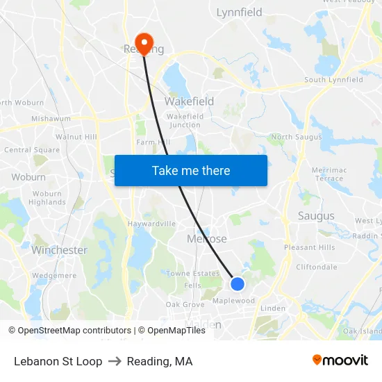 Lebanon St Loop to Reading, MA map