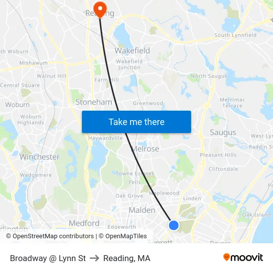 Broadway @ Lynn St to Reading, MA map