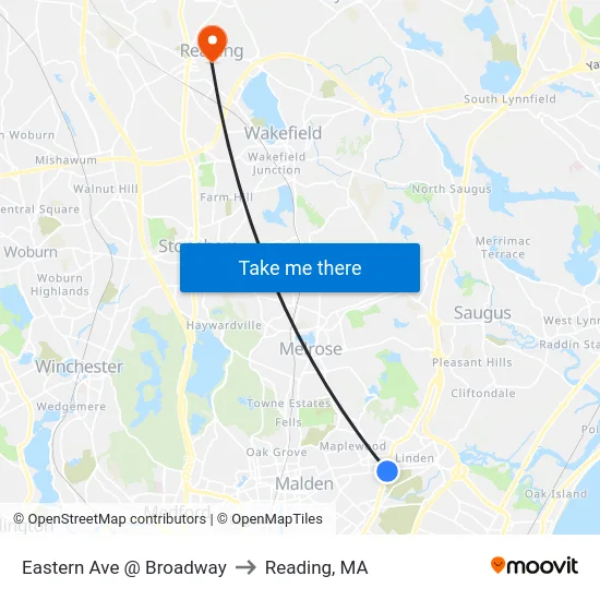 Eastern Ave @ Broadway to Reading, MA map