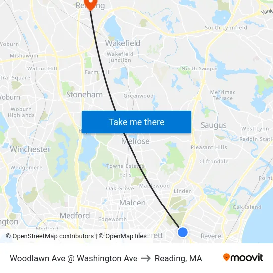 Woodlawn Ave @ Washington Ave to Reading, MA map
