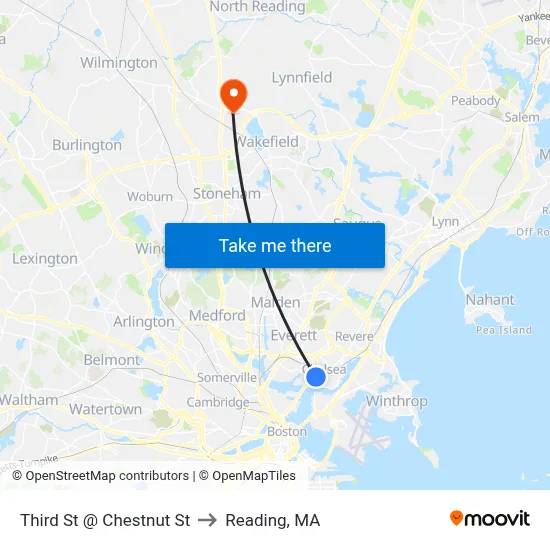 Third St @ Chestnut St to Reading, MA map