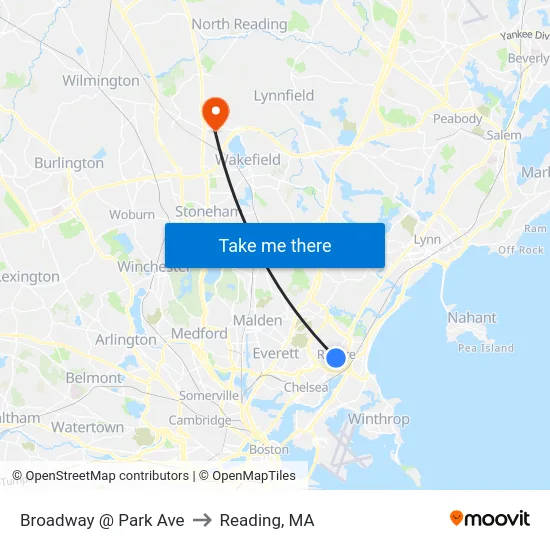 Broadway @ Park Ave to Reading, MA map