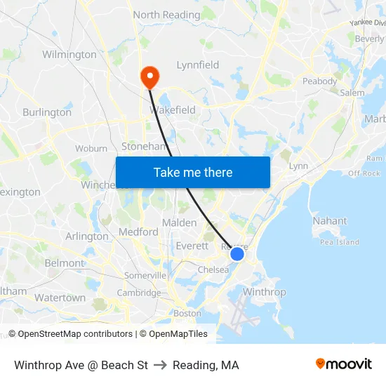 Winthrop Ave @ Beach St to Reading, MA map