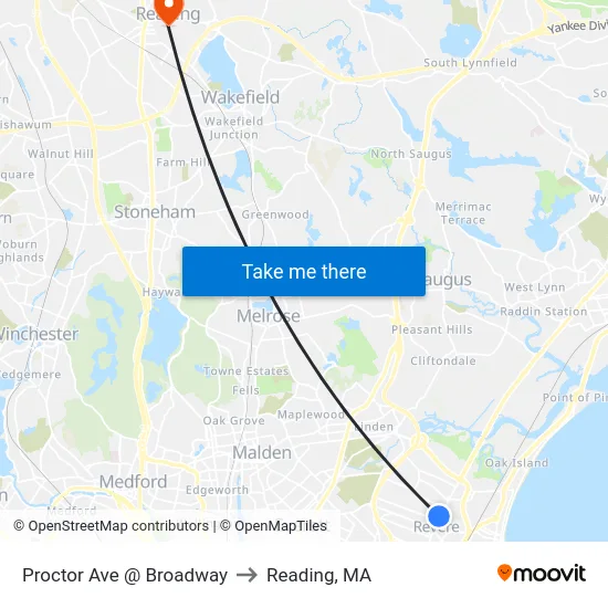 Proctor Ave @ Broadway to Reading, MA map