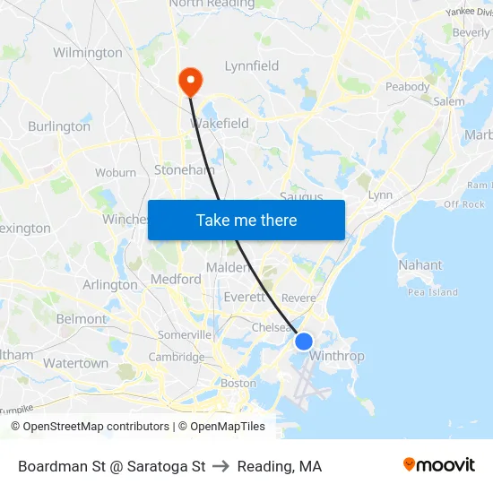 Boardman St @ Saratoga St to Reading, MA map