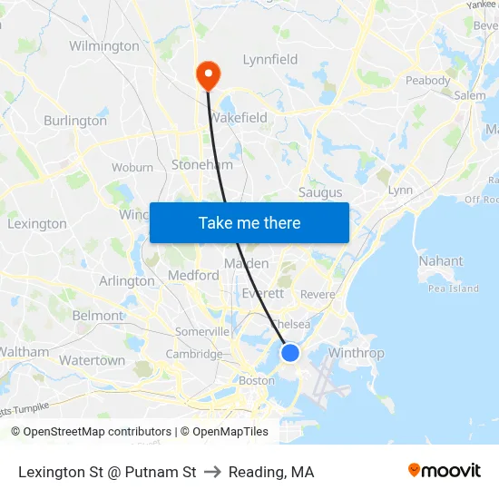 Lexington St @ Putnam St to Reading, MA map