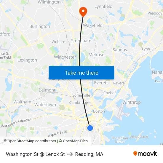 Washington St @ Lenox St to Reading, MA map