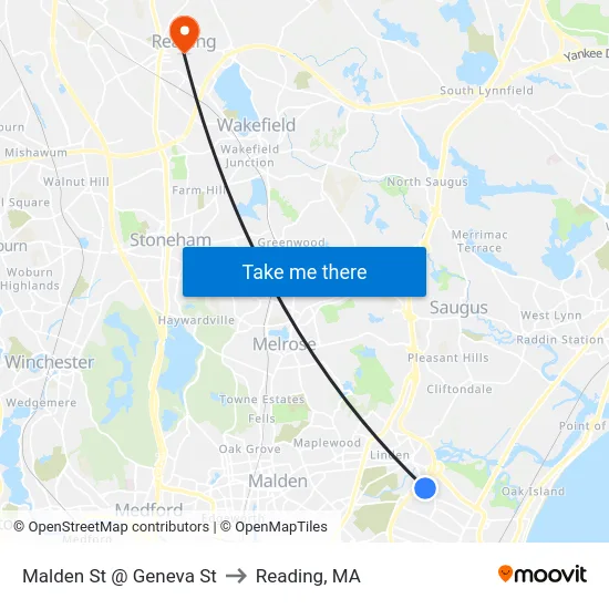 Malden St @ Geneva St to Reading, MA map