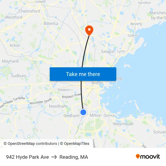 942 Hyde Park Ave to Reading, MA map