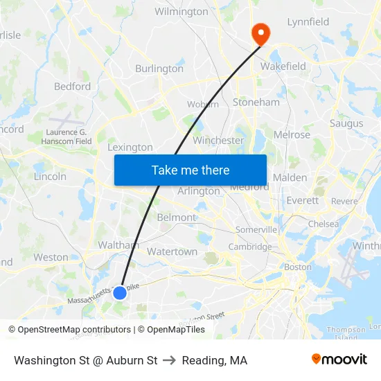 Washington St @ Auburn St to Reading, MA map