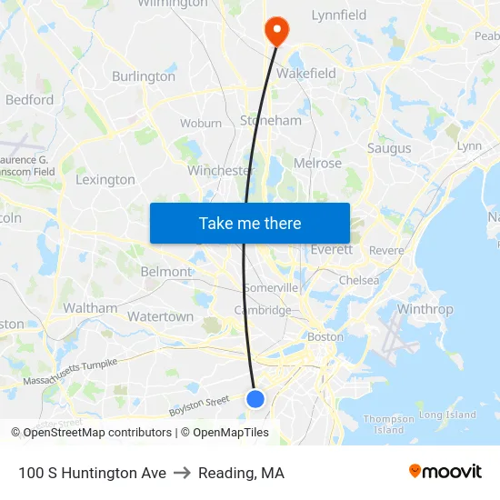 100 S Huntington Ave to Reading, MA map