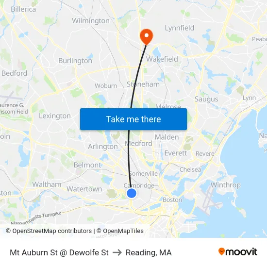 Mt Auburn St @ Dewolfe St to Reading, MA map