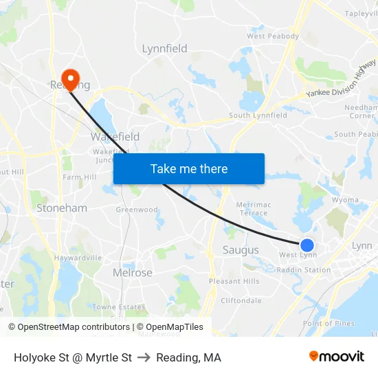 Holyoke St @ Myrtle St to Reading, MA map