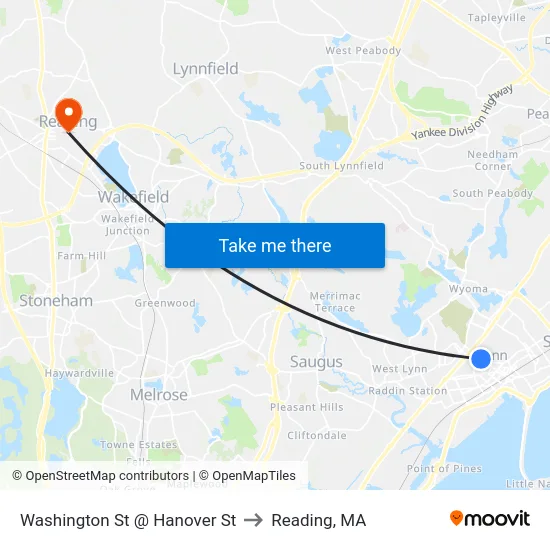 Washington St @ Hanover St to Reading, MA map