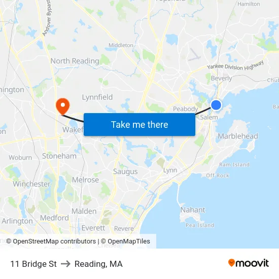 11 Bridge St to Reading, MA map