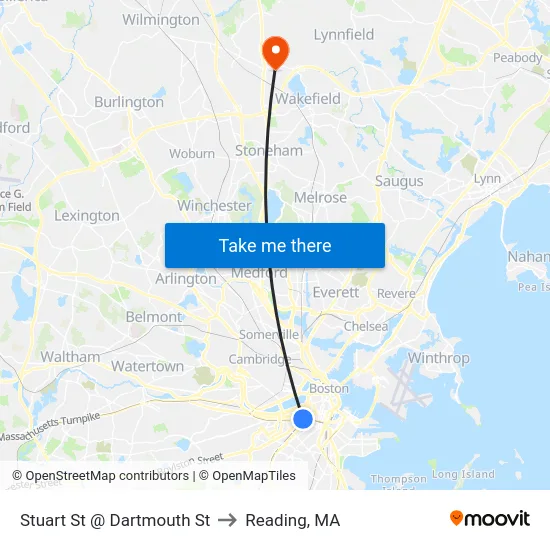 Stuart St @ Dartmouth St to Reading, MA map