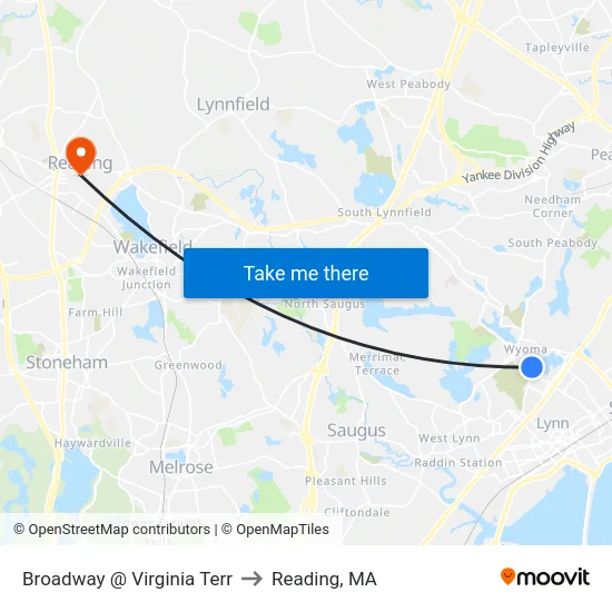 Broadway @ Virginia Terr to Reading, MA map