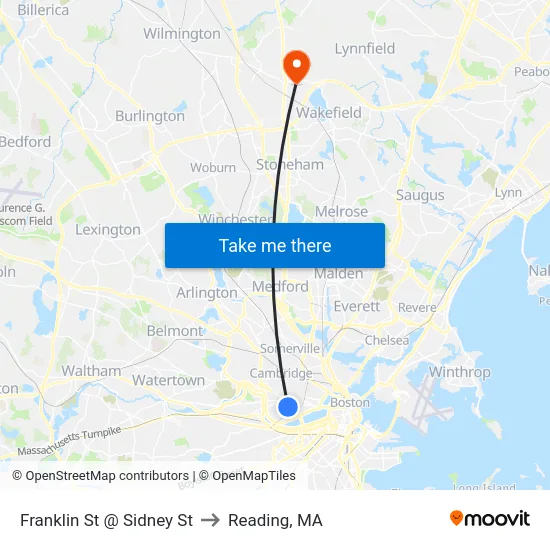 Franklin St @ Sidney St to Reading, MA map