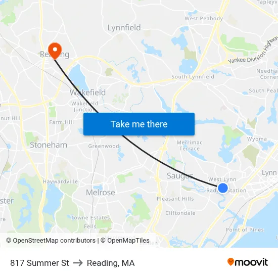 817 Summer St to Reading, MA map