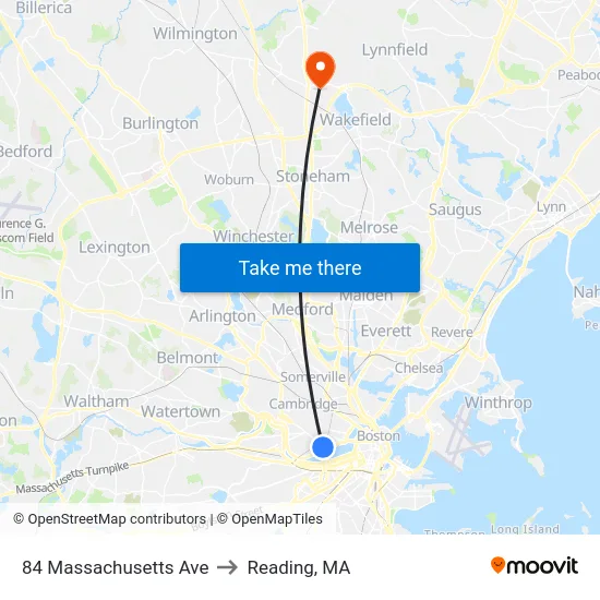 84 Massachusetts Ave to Reading, MA map